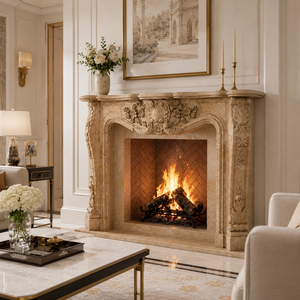 Traditional Marble <b>Fireplace</b> Mantel With Ornate Carving Classic Cream Beige Marble Stone Indoor Wood Burning Hearth For Dining R - Product Image 1