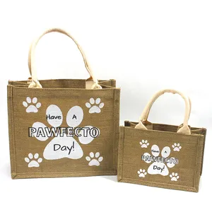 Wholesale Custom Eco Friendly Printing Dog Paw Pattern Women Grocery Daily Use Jute Bags Tote Burlap Bags