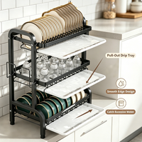 Égouttoir à vaisselle à 3 niveaux en acier au carbone, organisateur multifonctionnel pour assiettes et plats avec plateau de récupération des eaux amovible pour comptoir de cuisine