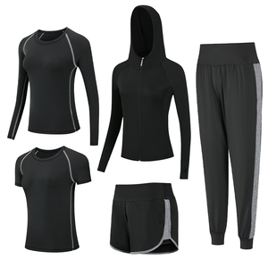 Damen 5-teiliges Yoga-Laufset Großhandel Maßgeschneiderte Polyester-Sporthose Lange/Kurze Ärmel Jacke Bequem - Product Image 1