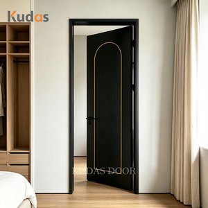 Porte en bois moderne de luxe noire avec intérieur arqué, rainuré et incrustations dorées, insonorisée pour chambre à coucher et maison - Product Image 2