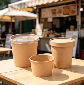 Restaurant Catering Packaging Eco Friendly <b>Microwave</b> Safe Disposable Kraft Paper Soup Cup Porridge Bucket <b>Lid</b> Custom Printing - Product Image 4