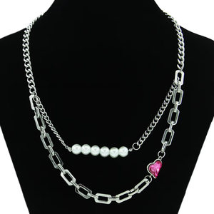 Collar de cadena cubana de doble capa con perlas y diamantes de imitación, cadena de cuello de acero de titanio neutra, dulce y moderna. Tanjing - Product Image 1