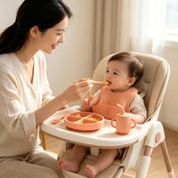 Ensemble de 6 pièces pour l'alimentation de bébé en silicone écologique et imperméable : assiette à ventouse, bol, bavoir, tasse, cuillère, fourchette – Ustensiles de repas pour tout-petits et sevrage