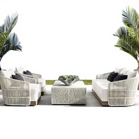 Modernes Outdoor-Seilgewebtes Aluminium- und Holz-3-Sitzer-Sofa, Tiefe Sitzgarnitur mit Weißen Kissen für Garten, Dachterrasse und Balkon