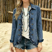 Veste Courte Exclusive en Denim Délavé à Volants, Col Cranté, Double Boutonnage, Style Y2K, Look Spicy Girl, Printemps