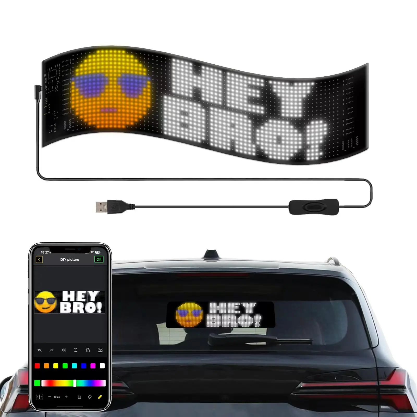 لوحة إعلانات مرنة بإضاءة ليد بتصميم جديد عبر تطبيق التحكم في النافذة الخلفية للسيارة وشاشة عرض بإضاءة ليد ناعمة رفيعة للغاية تتميز بتدحرج ملون بالكامل