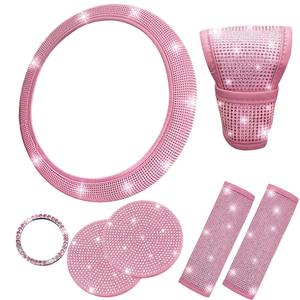 Wholesale Versatile Car Interior Protection <strong>Pink</strong> Rhinestone <strong>Seat</strong> Belt <strong>Covers</strong> and Cup Coaster PU Leather for Daily Commutes - Product Image 1