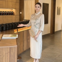 Ensemble de costume pour femme, robe Qipao en polyester, motif uni, coupe régulière, séchage rapide, boutons grenouille, manches trois quarts, style thé chinois