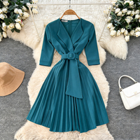 Robe plissée mi-mollet pour femme de bureau, col en V, taille empire, grande taille, respirante, en polyester/spandex, pour l'automne, style professionnel décontracté