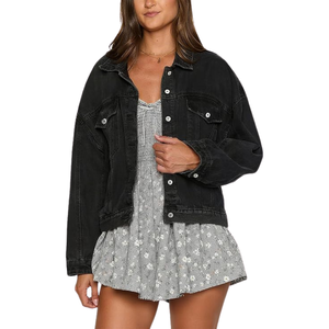 Veste en jean noire pour femme - Style streetwear, vêtement décontracté, haut à manches longues à boutons, tendance - Product Image 1