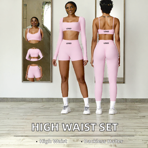 <b>Pink</b> 2 Piece Yoga Set Square Neck <b>Crop</b> <b>Top</b> High Waist Shorts Seamless Spandex Polyester Activewear Women Workout Fitness Wear - Product Image 2