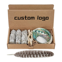 Kit de purification spirituelle : plumes, Palo Santo, coquille d'ormeau, support trépied, bouquet de sauge blanche de Californie, bâtonnets d'encens pour fumigation