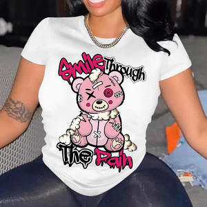 Camiseta con cuello redondo y estampado de oso, camiseta informal de manga corta para primavera y verano, ropa de mujer, ropa estética - Product Image 3