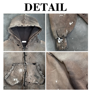 Hoodie Manufacture High Street Distressed Washed Vintage Thick Cotton Hoodies Men Custom Splash Sunfaded Oversized Zip up Hoodie - Product Image 6