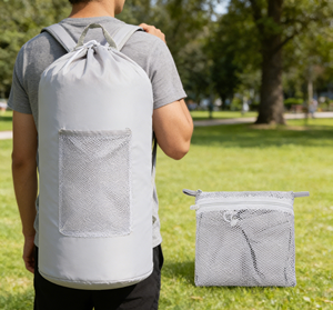 Sac à linge pour sac à dos avec bretelles et poche en filet, sac à linge en <span class=keywords><strong>nylon</strong></span> durable avec fermeture à cordon pour le collège - Product Image 1