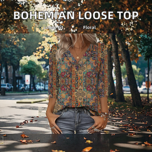 Blusa Retro Bohemia para Mujer, Tejida, Transpirable, Holgada, Informal, Estampada, de Manga Larga, Cuello en V, con Logotipo Frontal, Multicolor, Otoñal - Product Image 2
