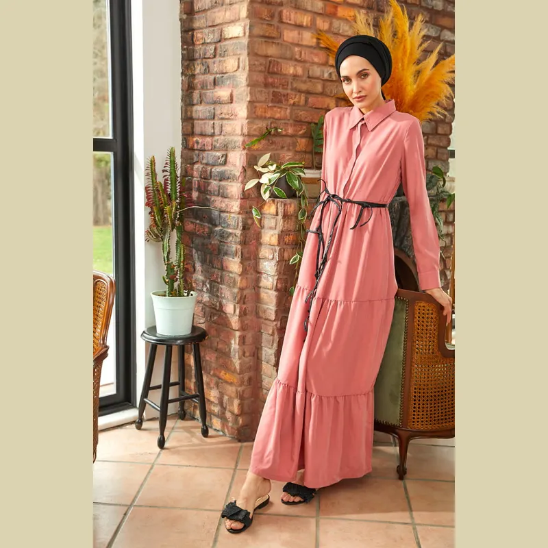 동기 힘 현대 인기있는 새로운 스타일 핑크 셔츠 이슬람 긴 스커트 옷깃 넥타이 수축 허리 긴 소매 이슬람 드레스