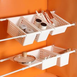 Double Layer Wall Mounted Cabinet Organizer Storage Rack For Kitchen <b>Sink</b> Pots Utensils Drain Rectangular Retractable Movable - Product Image 1