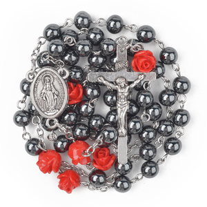 Collier de chapelet en hématite rouge rose, médaille/crucifix personnalisable, perles, bijoux religieux catholiques pour femmes et hommes - Product Image 2