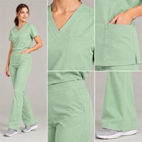Seragam Perawat Medis Bahan Lembut Elastis V-Neck Set Seragam Kerja Wanita Celana Flare Pinggang Elastis Saku Samping Seragam Perawat Klinis