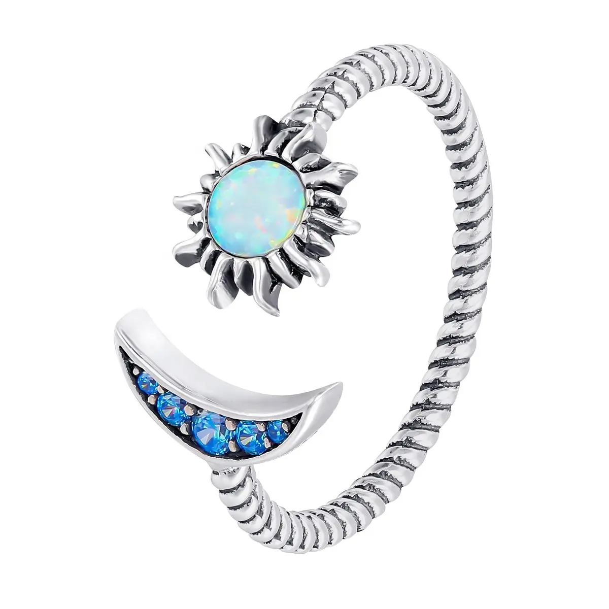 Jóias Por Atacado Fornecedor Personalizado 925 Sterling Silver Ring Lua e Sun Moonstone Fidget Anel Cubic Zirconia Opal Anéis