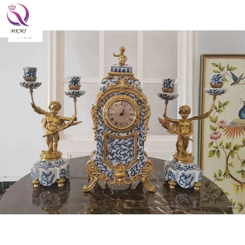 Luxury Antique Porcelain With Brass Desktop Clock Ceramic Angel Candle Holder For Blue And White Home Decoration
