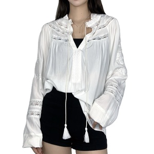 Chemise à manches longues brodée pour femmes, nouvelle mode, dentelle, chemisier blanc décontracté - Product Image 1