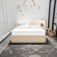 Lit double moderne en bois massif avec panneau à lattes, finition chêne, sans tête de lit, tailles King et Queen, pour chambre à coucher, hôtel, appartements, avec fonction de rangement