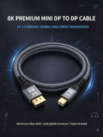 Câble vidéo Mini DP vers DP 8K UHD en nylon avec coque en alliage d'aluminium plaqué or pour PC, ordinateur portable, moniteur de jeu