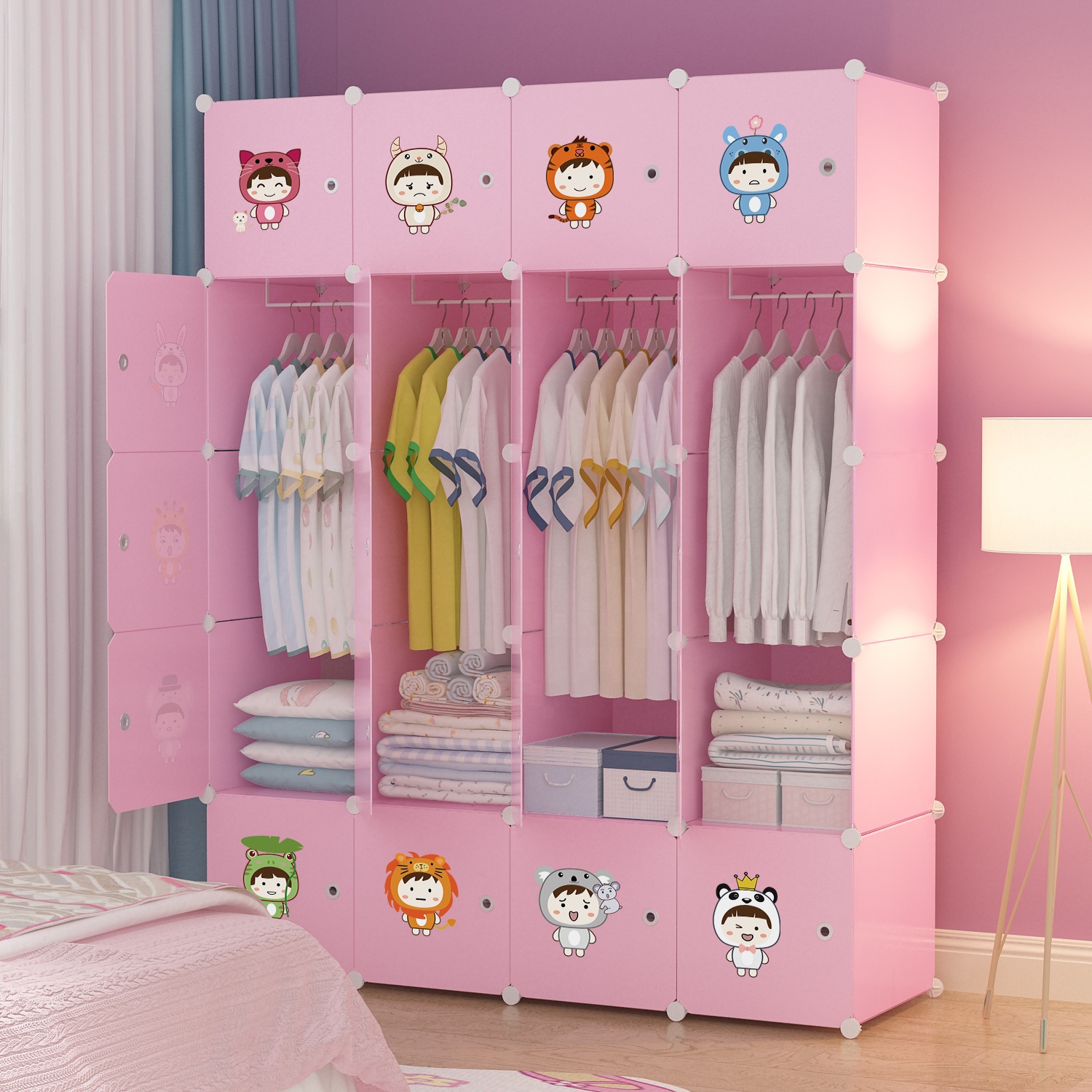 Armoires en plastique modernes de couleur rose bébé facile à assembler armoire de rangement vêtements garde-robe portable pour enfants