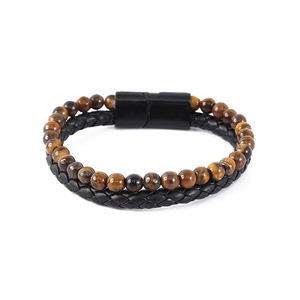Men's Volcanic Tiger Eye Beaded <b>Bracelet</b> PU Leather Braided Black Brown Stone Jewelry Gift 7.5 8.5 9 Inches - Product Image 4