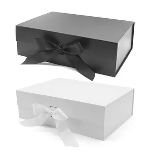 Оптовая продажа, Высококачественная подарочная упаковочная коробка, лента с бантом, черная картонная подарочная коробка повышенной прочности с сильной магнитной защелкой
