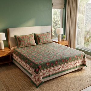Ensemble de couvre-lit en coton imprimé à la main, motif floral, style traditionnel, taille King, housses de coussin réversibles - Product Image 3