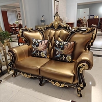 Housse de canapé de style européen, luxueuse, pour villa, en cuir véritable, avec décoration sculptée en bois massif