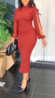 Vestido Midi Ajustado de Alta Calidad con Mangas Abullonadas, Color Sólido, Elegante para Oficina