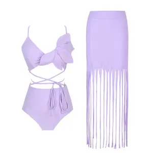 2024 Sexy 3 Pieces Bikini Push Up 3D Flower Purple Tassel Swimsuit Backless Cross Wrap Beachwear Lady Summer Skirt Bathing Suits