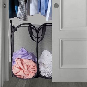 Panier à linge carré pliable personnalisable à 2 compartiments, sac en maille pop-up économique avec matériau en polyester PP, logo personnalisé - Product Image 4