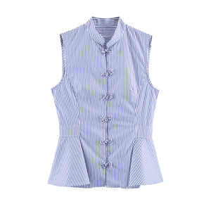Camisa sin mangas a rayas personalizada <span class=keywords><strong>para</strong></span> <span class=keywords><strong>mujer</strong></span> 2026, blusa con peplum y dobladillo con volantes, botones chinos tipo rana, OEM/ODM de fábrica china - Product Image 1