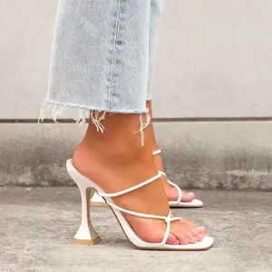 Square Head Women's High Heels One Line Slippers New Large Size Fine Heel Fashion 2023 Summer PVC PU Rubber Summer Sandals 36-42