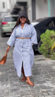 Nouvelle Robe Cardigan Rayée Décontractée Africaine Grande Taille pour Femme à Manches Trois-Quarts et Col Chemise – Tendance