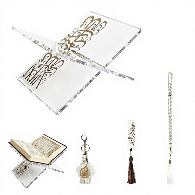 Set 4 Acrylic Mihrab Stand Bookmark Keychain & Tasbih Beads-Open Book Display Stand for Ramadan/Eid Home Decor Gift