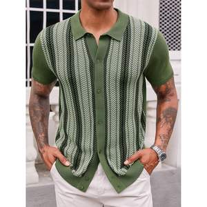 2025 hombres Vintage patrón sólido tejido para Polos alto antiarrugas Golf botón suéter tono oscuro Casual manga corta - Product Image 4