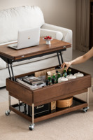 Table basse moderne multifonctionnelle avec plateau relevable et bois massif pour salon, vente en gros d'usine, grande capacité de rangement