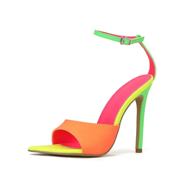 2022 Sandalias Mujer Neon Green Orange Mixed Color Ladies Pointed Toe Sandals Women Stiletto Shoes High Heels