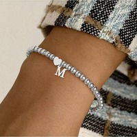 Bracelet extensible en chaîne de perles de 4 mm avec pendentif en forme de cœur lisse et rond en zircon, lettre initiale A-Z en or rempli 14 carats, vente en gros