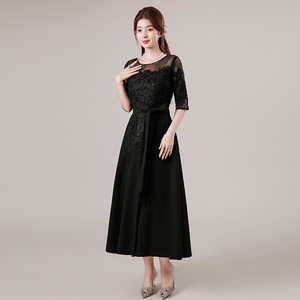 Robe de soirée rétro coréenne en dentelle noire, longueur midi, cintrée, pour banquets formels - Product Image 1
