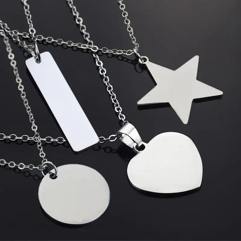 Engravable Jewelry Blanks Stainless Steel Engraved Necklace Rectangle Star Heart Round Silver Color Clavicle Chain Custom Gift