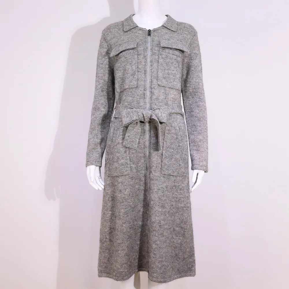 AOPU Winter Grey Long Sleeve Zipper Cardigan Bow Belt Knitted Maxi Formal Career Women's Dress
