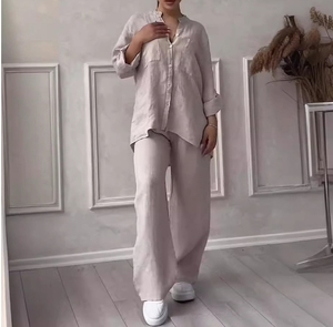 Ensemble Chemise et Pantalon Large Décontracté Couleur Unie à Cordon de Serrage, Style Européen et Américain pour Femme, <span class=keywords><strong>2024</strong></span> - Product Image 2
